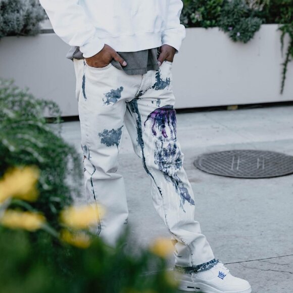 mens SIZE 28 mnml Sven DaVinci collab DISTRESSED denim jeans with jellfyfish - Picture 1 of 1